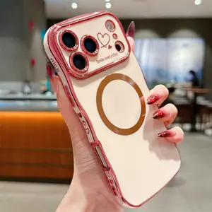 For iPhone 17 Pro Max 16 15 14 12 Case Magnetic,for Women Girls Soft Cute Wave Frame Curly Shape Love Heart Luxury Plating Phone Case Compatible with MagSafe Shockproof Back Cover