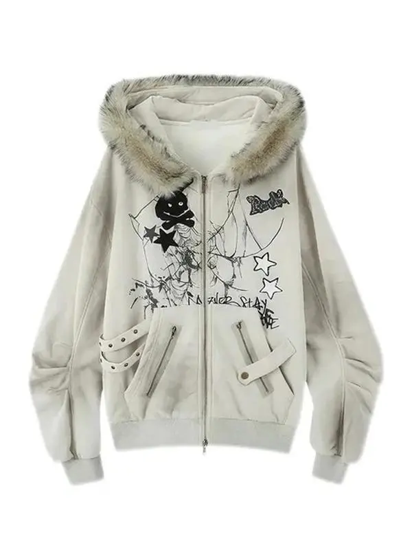 ALIELNOSIRRAH Women's Embroidered Bunny Ears Zipper Hoodie - Long Sleeve Fluffy Hood, Casual Punk Sweatshirts, Oversized 'Basement Rabbit' Graphic Harajuku Style Jacket