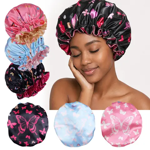 3PCS Soft Silky Butterfly Print Sleep Cap, Protect Hair for Women, Ideal Gift for All Head Sizes, Perfect for Sleep and Beauty Care, Bonnets for Sleeping