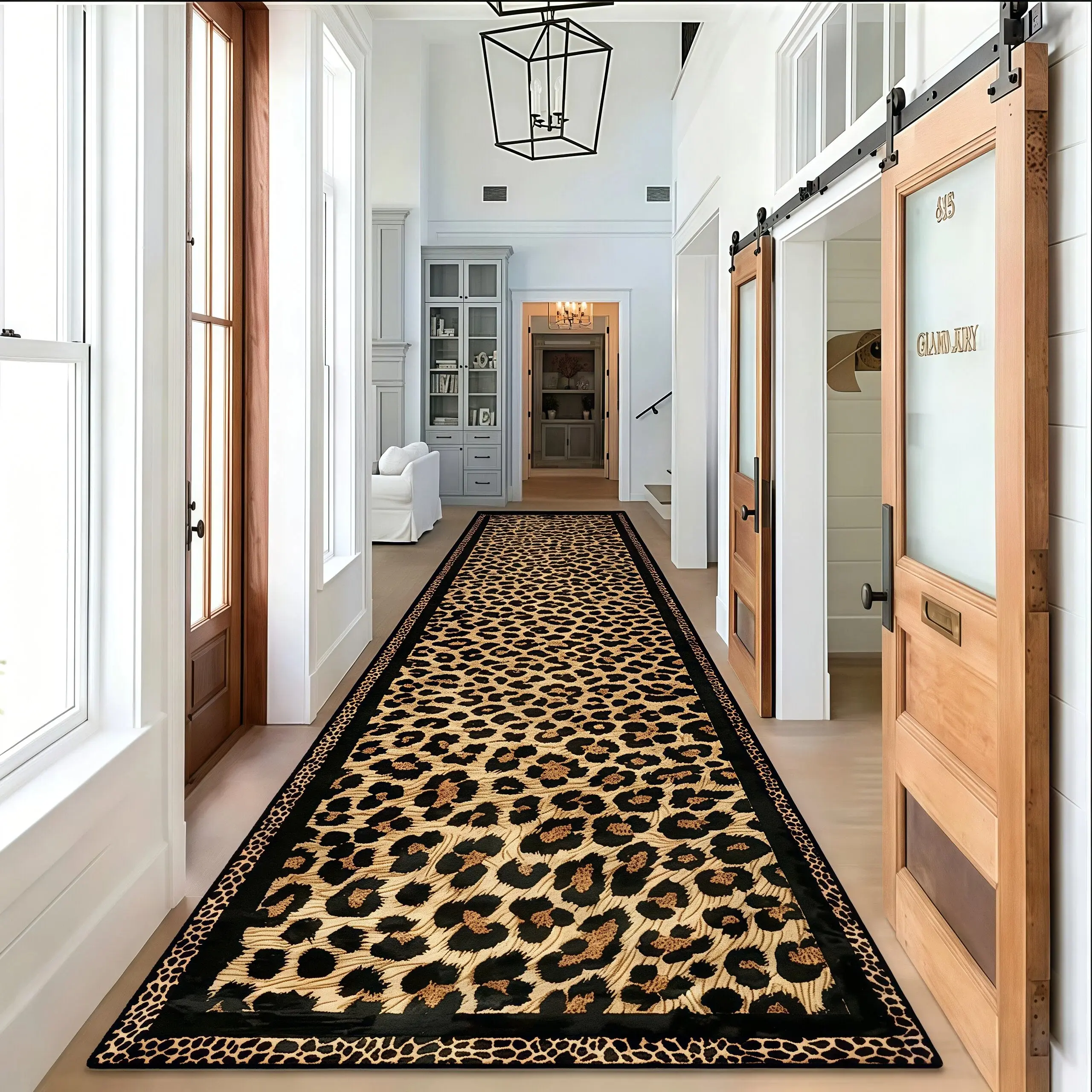 Gold Diamond Velvet Leopard Print Long Runner Rug, Luxury Flannel Non Slip Hallway Carpet, Machine Washable Decor Floor Mat for Villa Entryway, Corridor, Living Room, Hotel Lobby & Airport Lounge, 2 Sizes 1.65’×8.25’ / 1.65’×11.55’