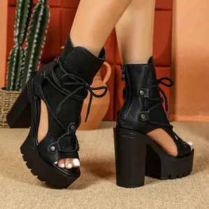 Women'S Fashion Retro Roman Open Toe Ankle Booties with Lace-Up Detail - High Heel Block Microfiber Upper with Zip Closure and PU Sole - Solid Color Versatile Boot for Casual or Evening Wear