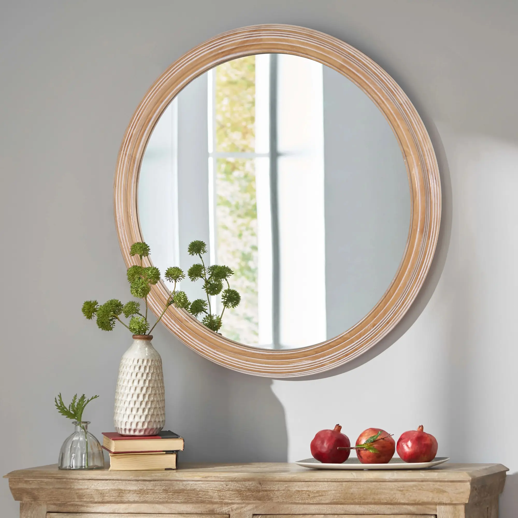Round Wall Mirror 35.43 Inch, Distressed Wooden Farmhouse Circle Mirror, Antique Natural Finish, Metal & Synthetic Wood Frame, for Bathroom, Bedroom, Entryway, Living Room, Office, Easy Mount Decorative Hanging Mirror