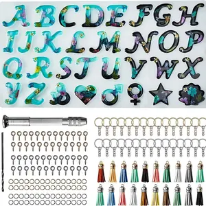 164-Piece Front-Facing Letter Resin Mold Kit with Silicone Molds for Resin Casting DIY Epoxy Molds for Letters & Decorations Resin Keychain Making Set with 1 Flashlight 2 Drill Bits & 164 Keychain Supplies