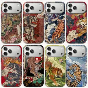 Vintage Chinese Tigers Phone Case, Cute Tiger Collage, Japanese Traditional Art Print Big Cat Case iPhone 17 16 15 14 13 12 11 Pro Max