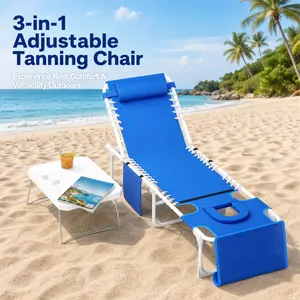 3-in-1 Outdoor Tanning Bench Chair – Face Hole, 5 Recline Positions, Folding Table, Removable Pillow – Heavy Duty Oxford Fabric, Beach, Pool, Patio, Garden Lounger, Max 330lbs-blue