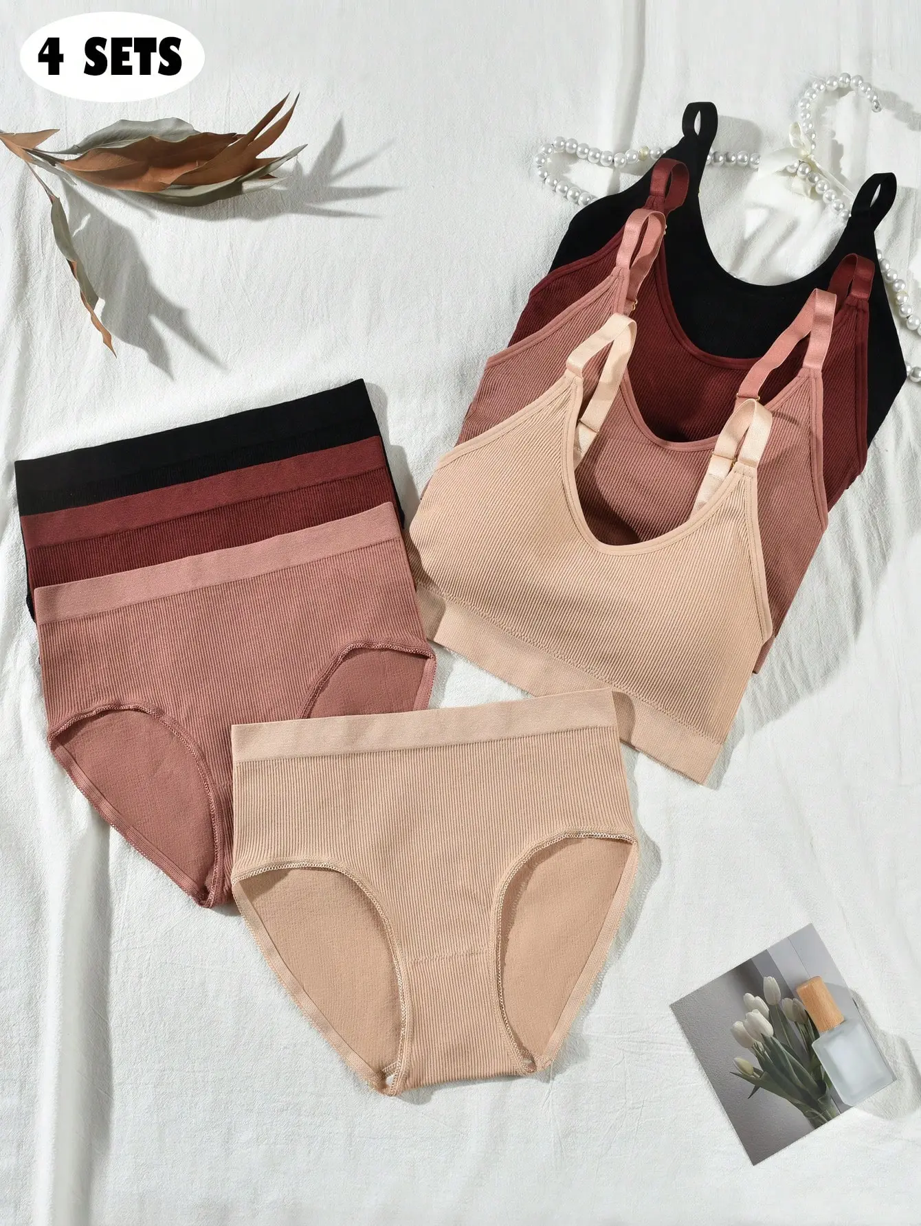 Women's 4-Piece Seamless Inner Wear Underwear Set - 100% Brand New, High Stretch, Flat, Solid Color, Comfortable, Breathable, Elegant Fashion Lingerie, Anti-Pilling, Tight-Fitting, Gifts for Women (Wedding, Birthday), Piece Underwear Sets