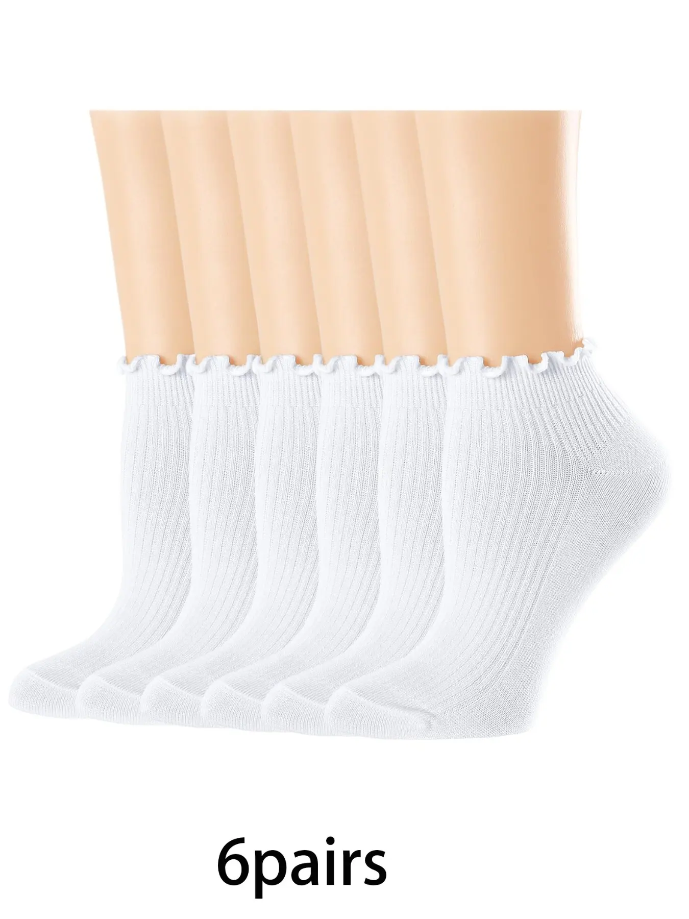 6 pairs of women's lightweight white mid-calf socks with Cute, comfortable and skin-friendly design, featuring ruffled cuffs and lace details for versatile everyday wear suitable for various outfits Womenswear Sock Set
