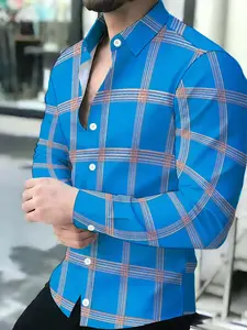 Men's Plaid Checked Long Sleeve Shirt, Casual Business Fitted Top, Fashion Versatile Upper, Multiple Colors Available, Spring & Fall Wear