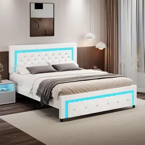 HOMBCK Bed Frame with LED Lights, Upholstered Platform Bed with Diamond Tufted Headboard, No Box Spring Needed, Noise Free, Easy Assembly
