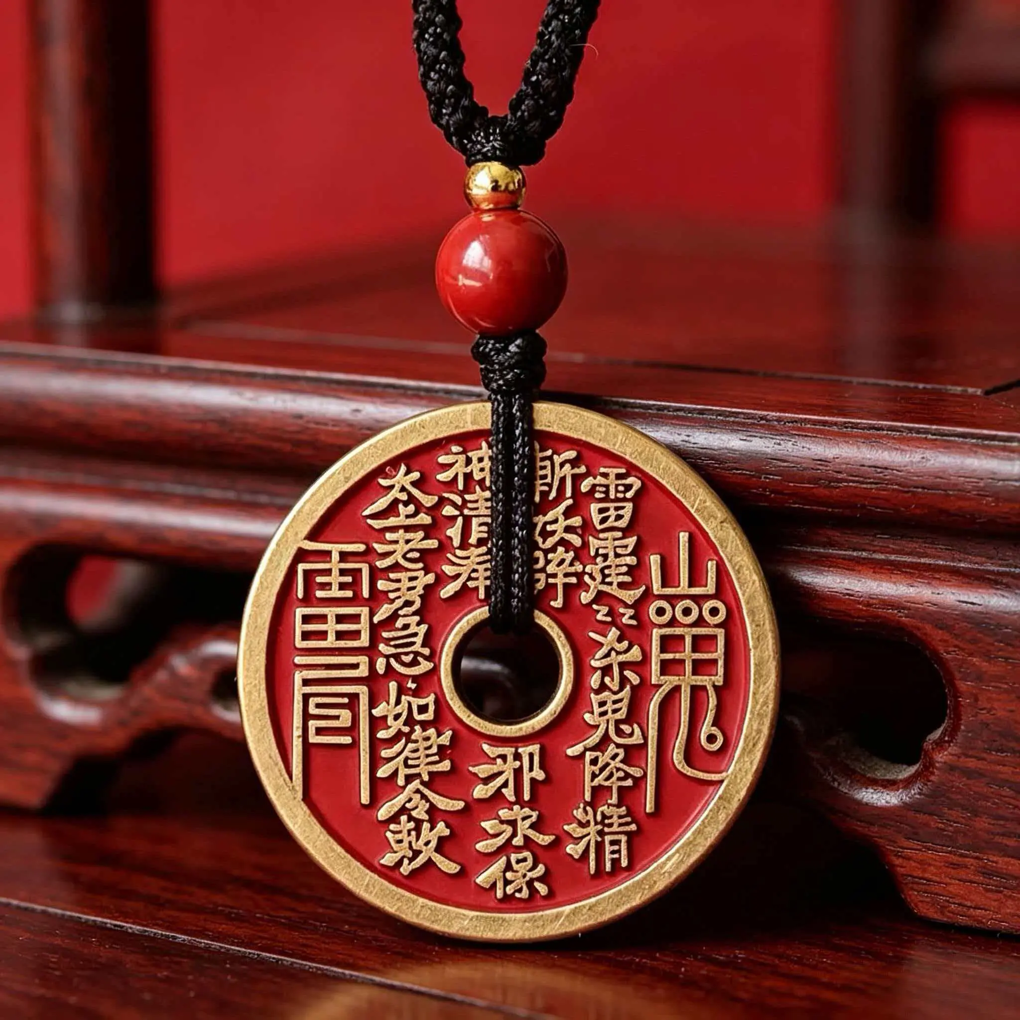 Shan Gui (Mountain Spirits) Copper Coin Charm Pendant - Basic Fashion Costume Jewelry Accessory with Metal Coating, Protective Runes, 5 Elements Balance, Conflict Harmonization, Dream & Fright Calming, Pure Yang Thunder-Fire Energy, Blessings & Fortune, B