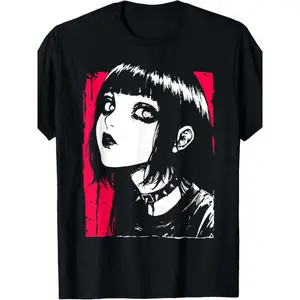 [EWH Horror Anime Tee] Black Cotton Blend EWH Japanese Horror Anime Goth T-Shirt |       Creepy Kawaii Graphic Tee, Loose Fit for Casual Wear, Horror Graphic Tee, Comfortable Cotton Blend