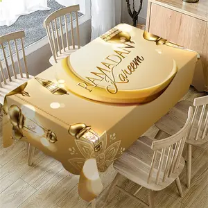 1 Pc Ramadan Tablecloth, Ramadan Theme Tablecloth, Eid al-Fitr Golden Lantern Vintage Pattern Washable Table Cover Holiday Kitchen Dining Table Decor For Home Party Decor