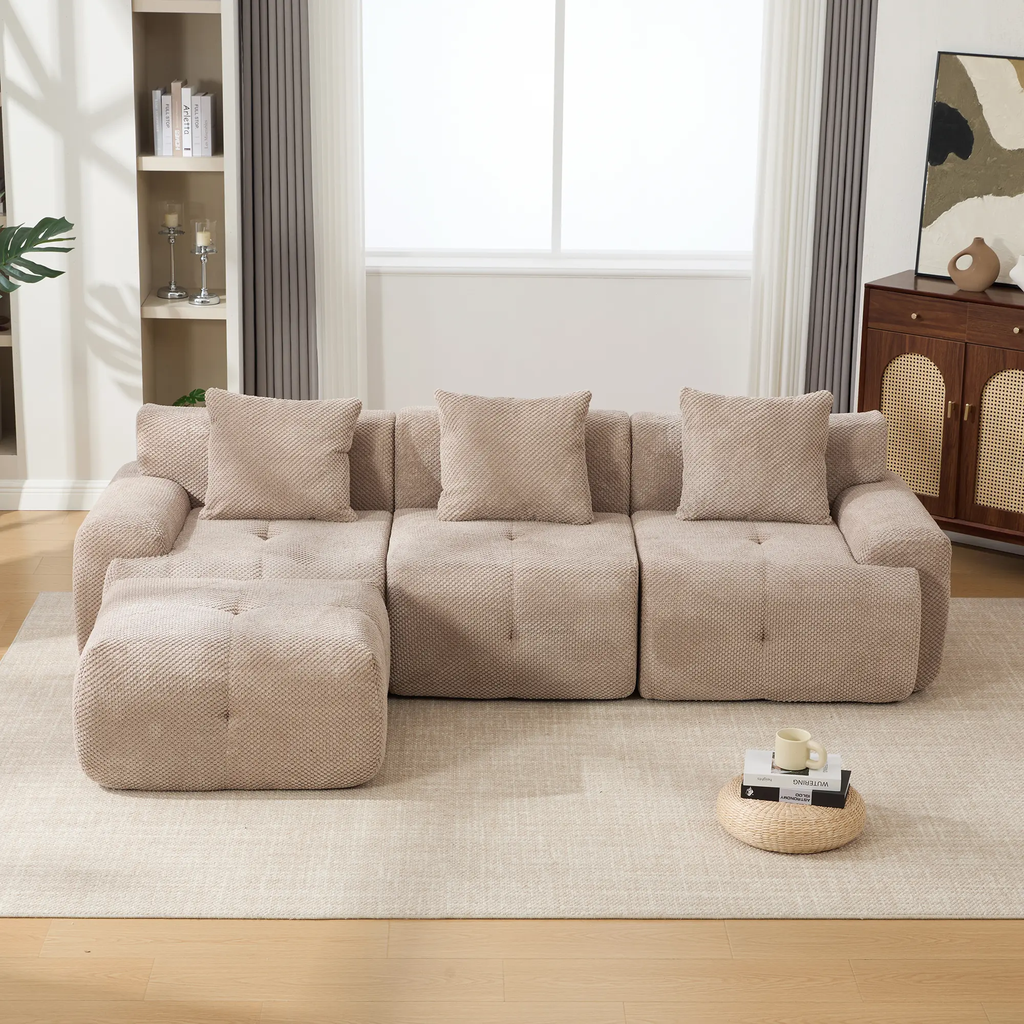 104.3" L Shaped Upholstered Modular Sectional Sofa With Fuzzy Fabric, Oversized 3 Seater Tufted Couch With Deep Seat Movable Ottoman & 3 Pillows, Boneless Sectional Couch For Living Room, No Assembly Required
