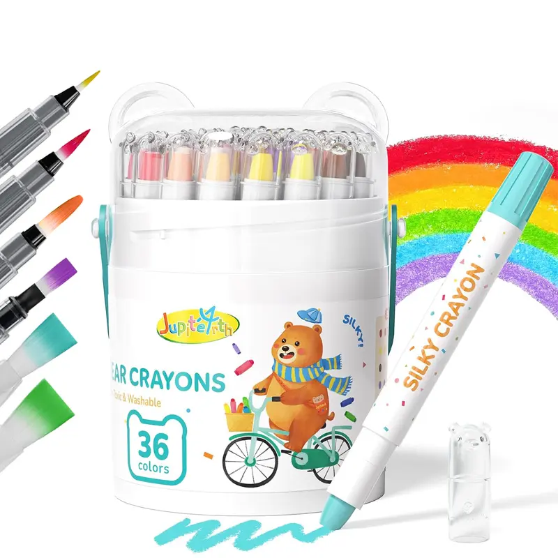 【back to school shopping】JUPITEARTH Jumbo Silky Crayons for Toddlers Easy Grip, Bear-Shaped Twistable Large Mess Free Crayons, Non Toxic Washable Oil Pastels Set for Kids Gifts, Beginner Watercolor Art Supplies with 6 Water Brush Pens