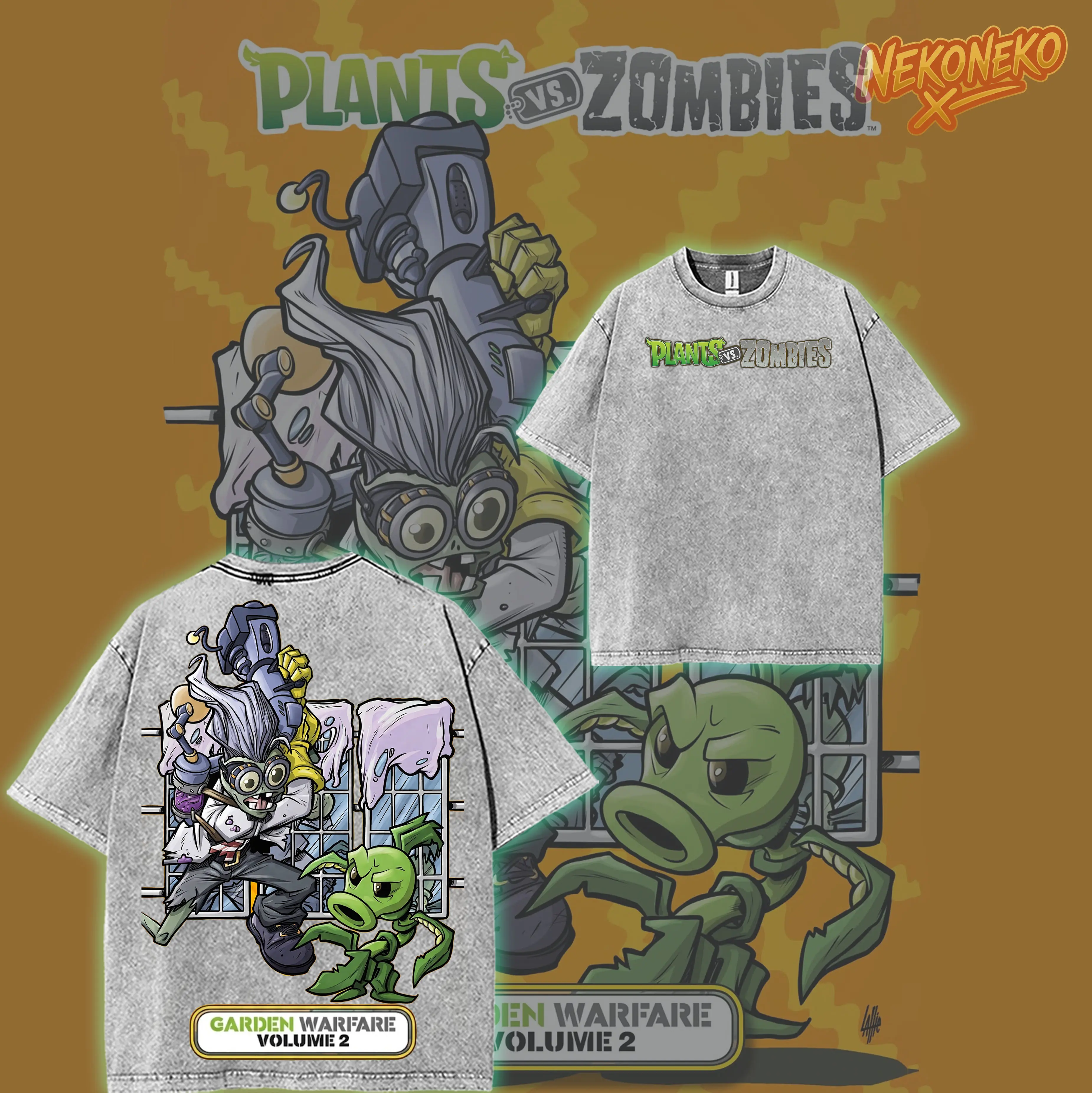 Garden Warfare PVZ Streetwear Graphic T-shirt, Acid Wash Vintage Tee, Funny Video Gmae Zombie Plant Art Shirt, Unisex Cotton Summer Outfit for Style Gamer Apparel