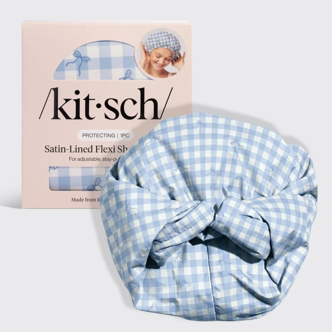Gingham Blue Satin Lined Flexi Shower Cap - Kitsch