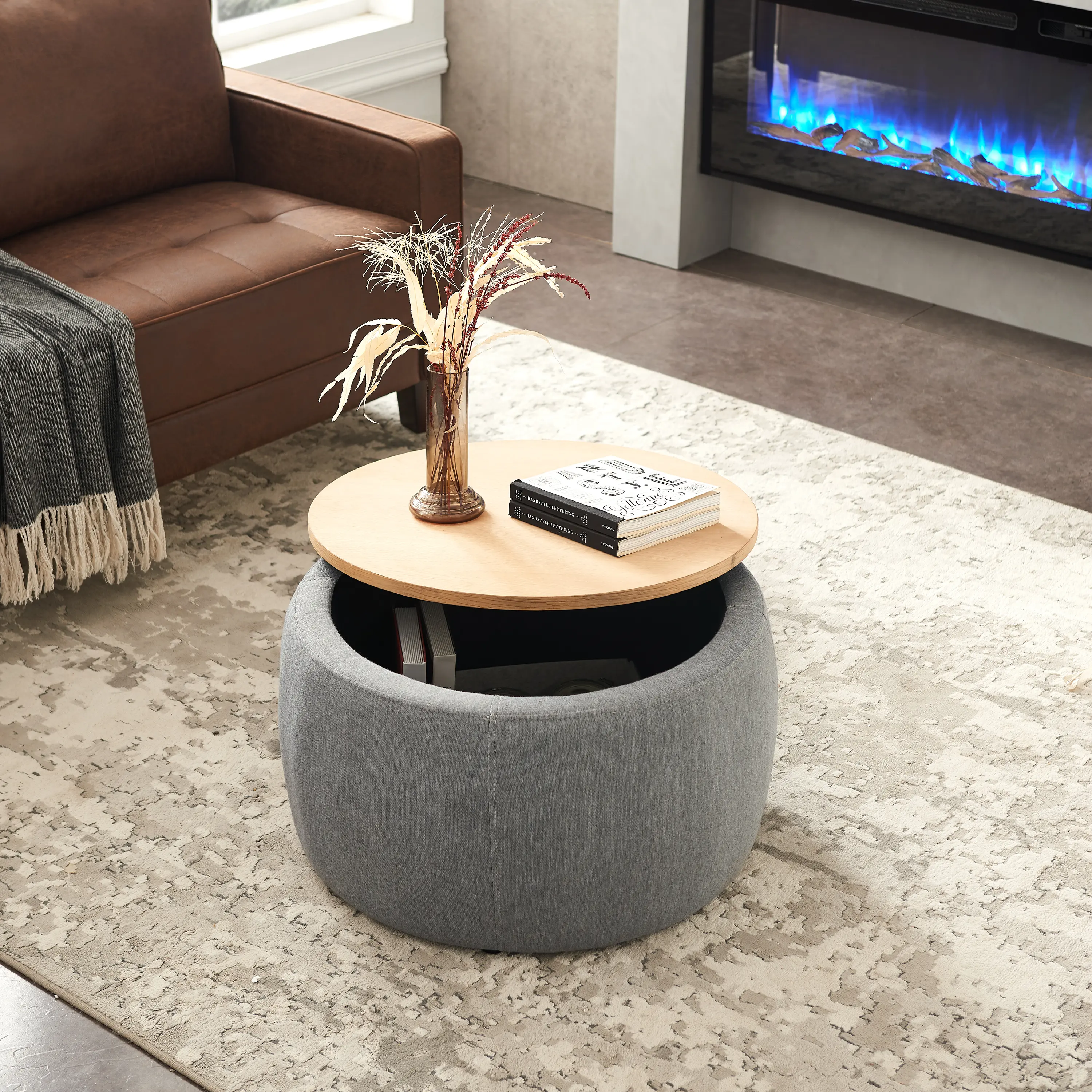 Round Storage Ottoman Coffee Table 2-in-1 Multifunctional Footrest Stool with Hidden Storage Compartment for Living Room Bedroom Small Space Home Furniture Organize