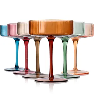 9 oz Vintage Art Deco Coupe Glasses Set of 6 Ribbed martini Glasses |Vintage Cocktail Glasses Set,Unique Colored Coupe Glass Drinkware