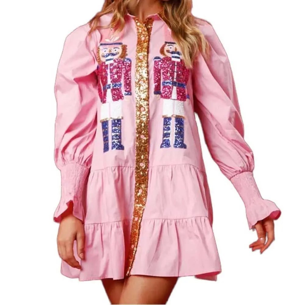 Women's Christmas Shirt Dress with Sequin Nutcracker, Long Sleeve A-Line Glitter Mini for Holiday Cocktail Parties