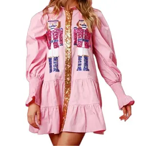 Women's Christmas Nutcracker Sequin T-Shirt Dress with Sparkling Motif A-Line Skirt Comfortable Cotton-Polyester Blend Festive Party Style for Holiday Parties