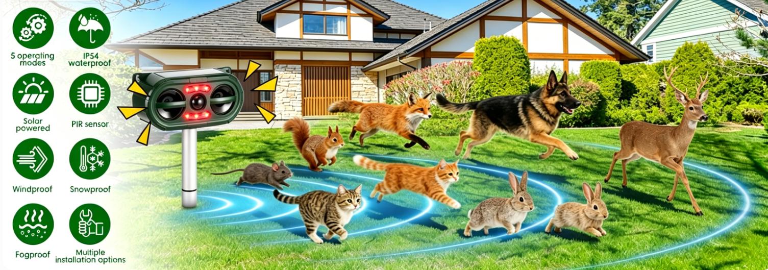 Solar Ultrasonic Animal Repeller - IP44 Waterresist Outdoor Pest Deterrent with Motion Sensor, Flashing Light, 5 Modes (Alarm Sound, Auto Switch), Solar & USB Charging for Animal Deterrence, Farm Area Deterrent (Squirrels, Cats, Deer, Raccoons), Alarm Sou