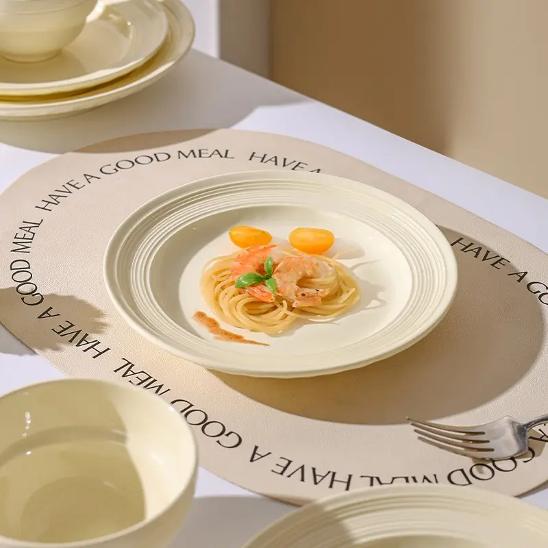 4pcs Creamy Yellow Ceramic Plates, Ribbed Edge Dinner Plates, Microwave & Dishwasher Safe, Elegant Serving Dishes for Home Kitchen Dining