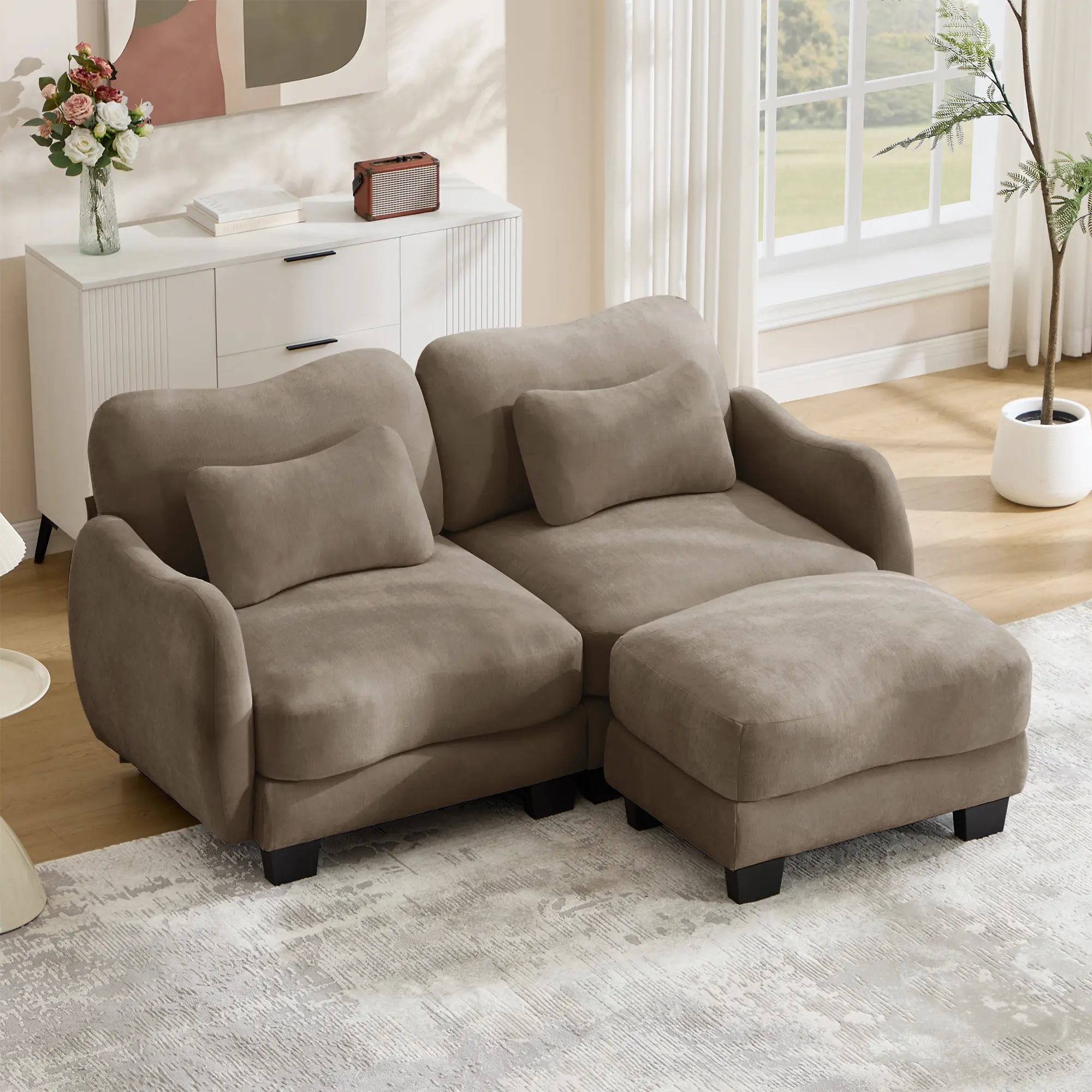 Eyisean 70.8" Chenille Modular L-Shaped Cloud Couch, Modern 2-Seater Sectional Loveseat with Curved Arms, Waist Pillows, Ergonomic Deep Seat, Ottoman, Easy-Assembly Upholstered Sofa for Living Room, Apartment
