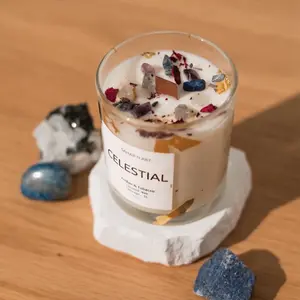 Sahar N Art Celestial Amber and Tobac Coconut Wax Crystal Candle for Intuition with Lapis Lazuli & Moonstone Gold Leaf Accents Aromatherapy