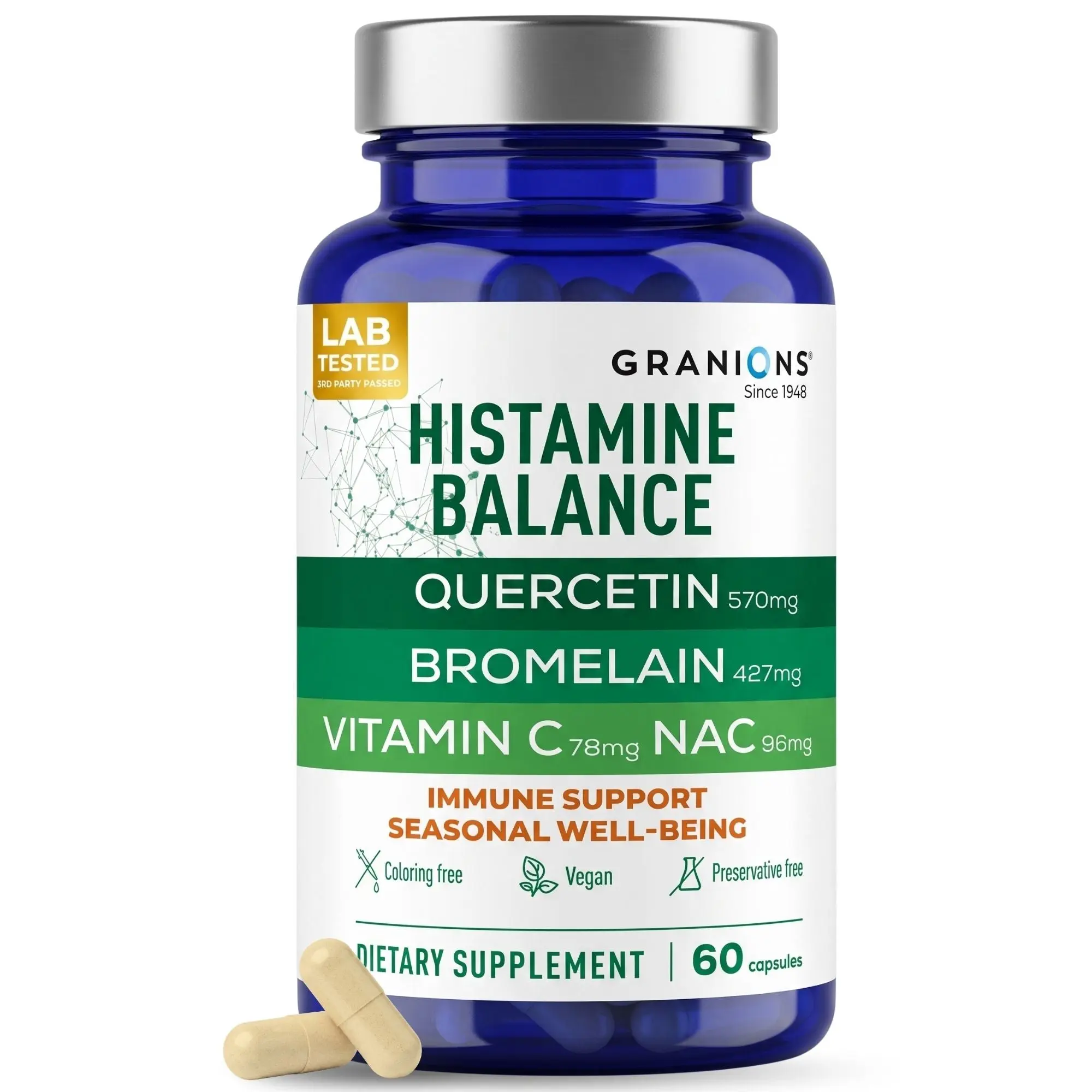 Histamine Balance Complex – Quercetin, Bromelain, NAC, Vitamin C & D-Hist Support – 60 Vegan Capsules