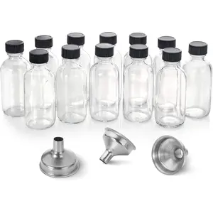 12 Pack, 2 oz Small Clear Glass Bottles w/Lid & 3 Funnels - 60ml Boston Shot Bottles for Health, Immunity, Potion, Wellness, Sample, Ginger, Juice - Mini Personal Care & Beauty Travel Bottle Box Round