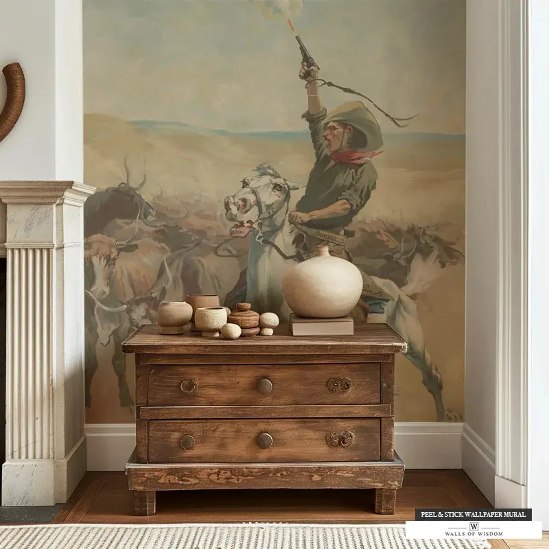 Heading a Stampede’ Lux Western Mural: Cowboy & Bulls in Earth Tones Peel and Stick