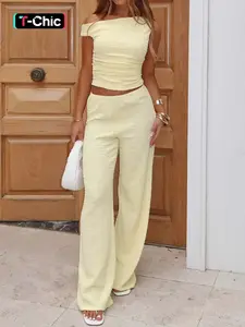Women's High-Waisted Fitted Top & Wide-Leg Pants Two-Piece Set Outfit, Casual Plain Design, Long Pants & Top Combo, Daily Wear