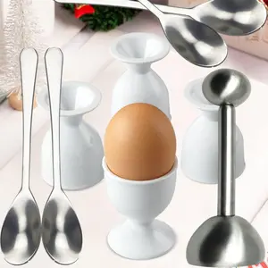 Stainless Steel Egg Topper & Shell Separator,  4 Ceramic Egg Cups and 4 Spoons- Manual Egg Cracker for Boiled Eggs, Kitchen Tool for Hard & Soft Eggs