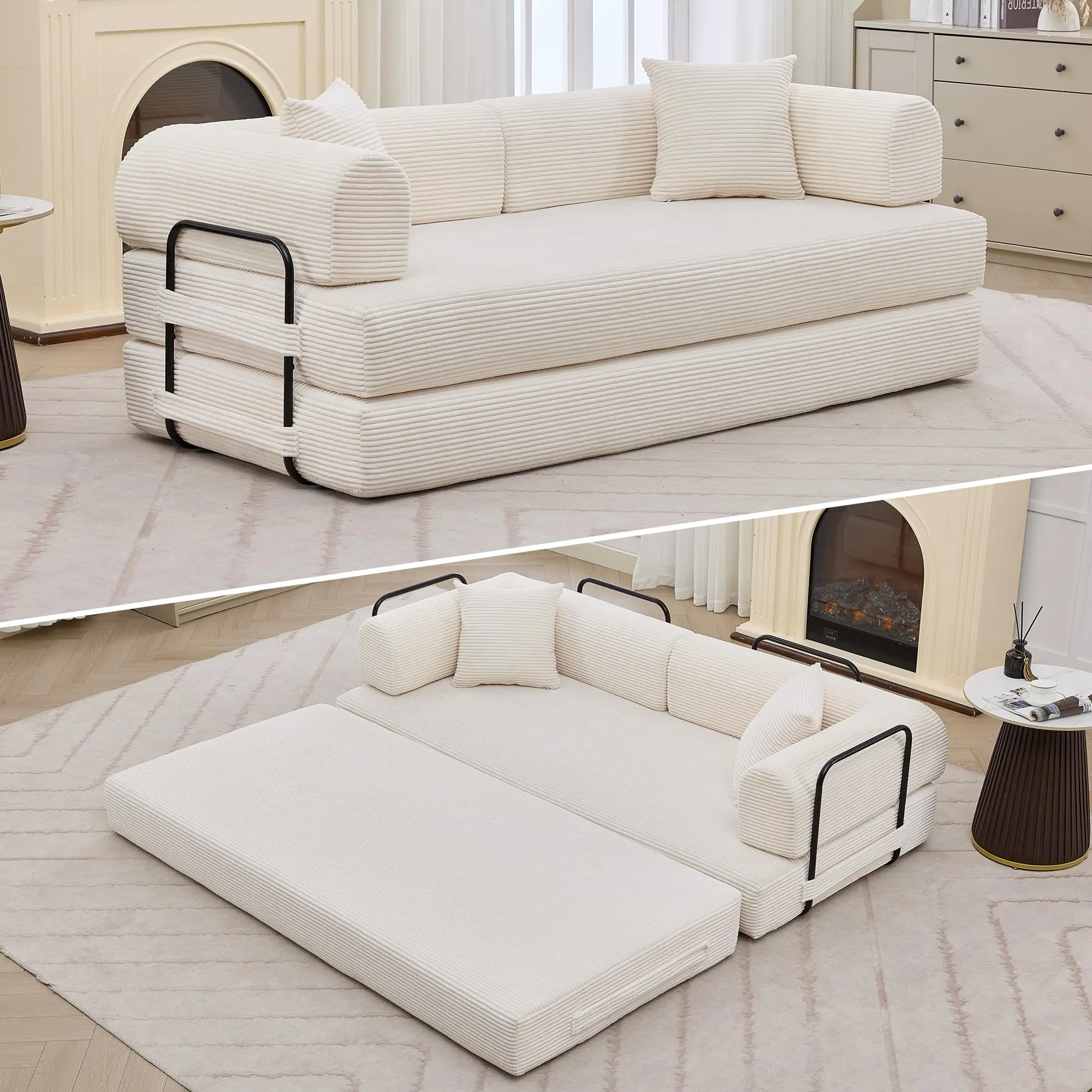 Garvee 78'' Convertible Sleeper Sofa Bed - 4 in 1 Corduroy Boneless Couch with Pillows, Folding Sectional Couch with Pull Out Bed, Floor Sofa Loveseat for Living Room and Bedroom, No Assembly Needed, Beige