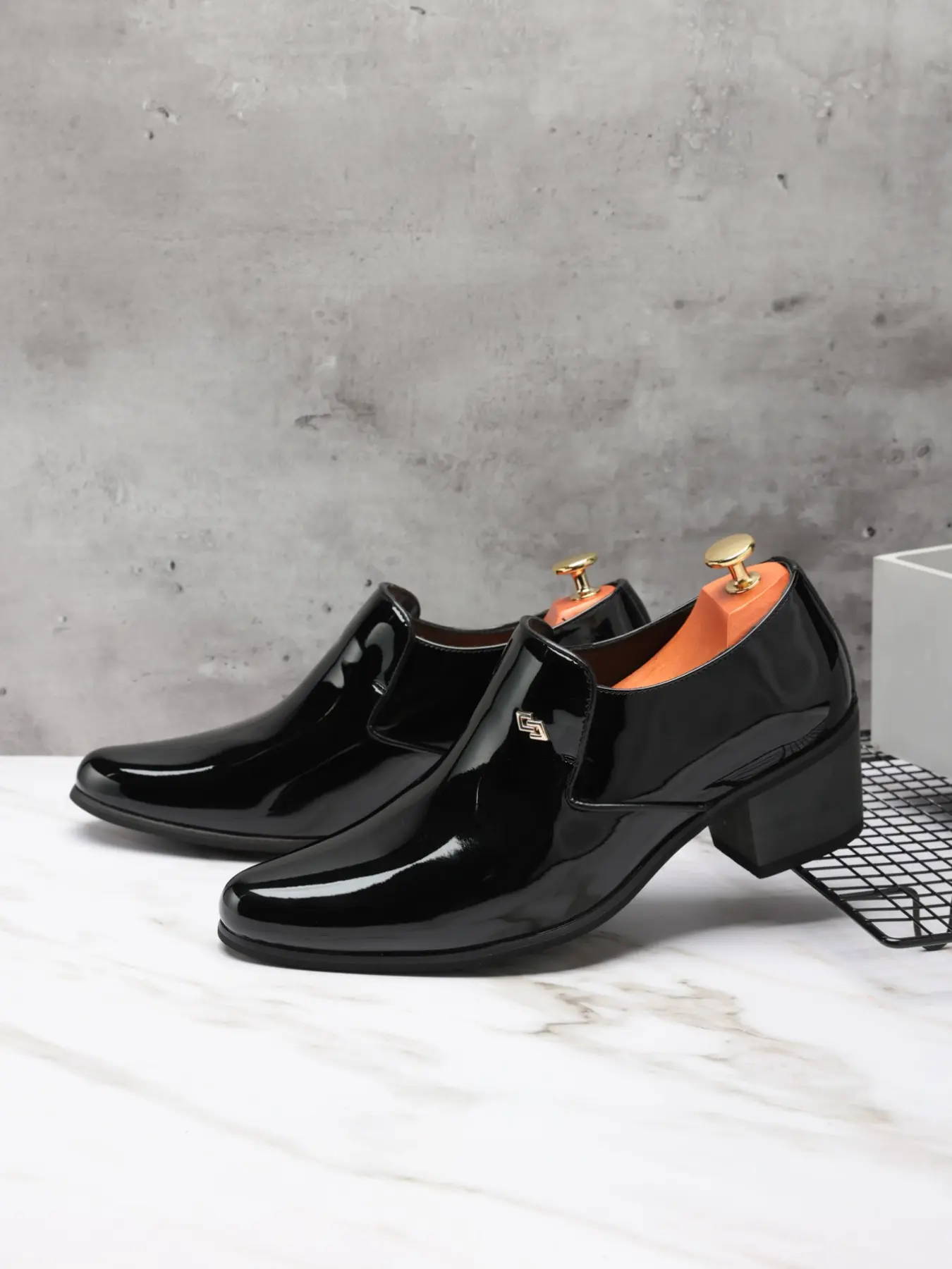 Men's Formal Business Pointed Toe High Heel Leather Dress Shoes, British Simple Banquet Derby Shoes, Elegant Office Wear Footwear, Work