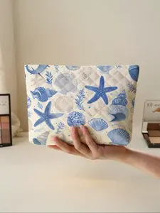 Seashell Print Makeup Bag with Diamond Zipper, Lightweight Travel Cosmetic Pouch, Multifunctional Toiletry Bag for All Seasons, Travel Cosmetic Bags