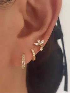 Cute Lotus Flower Earrings Set, Mini Studs with Artificial Zirconia Inlay, 3 Pairs Per Set, Fashion Jewelry for Women, Hoop Earrings, Fashionable Earrings, Durable Copper, Copper Inlaid Zircon