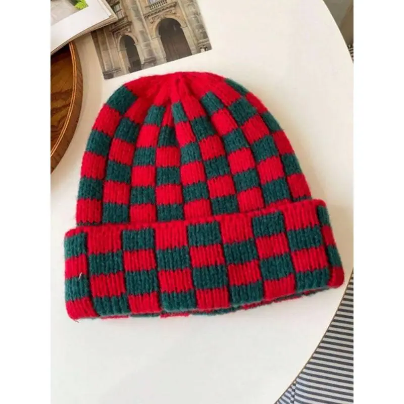 Plaid Print Knit Beanie, Unisex Colorblock Fitted Hat with Soft Stretch Fabric, Thermal Double-Layer Design and Dual-Layer Warmth, Couple Match, One Size Fits