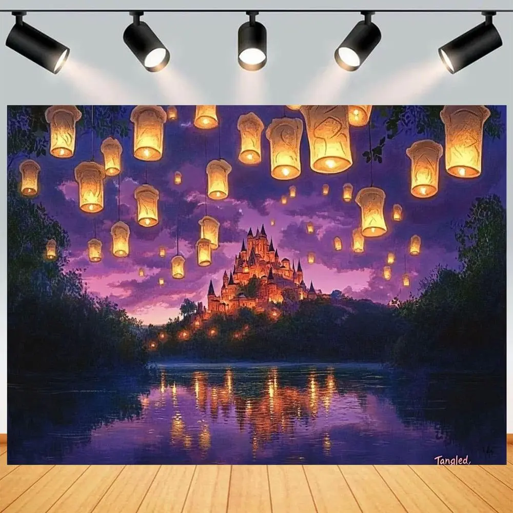 1pc Polyester 2D Flat Magical Tangled Castle Backdrop - Glittering Lanterns, Purple Night Sky, White Banners - Party Decor, Princess Art Throw, Castle Scene Photography Background