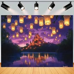 1pc 2D Flat Magical Tangled Princess Castle Backdrop with Glittering Lanterns & Purple Night Sky - Polyester Photography Background for Parties, Photo Booths, Birthdays, Weddings, and Home Decor, Banners White