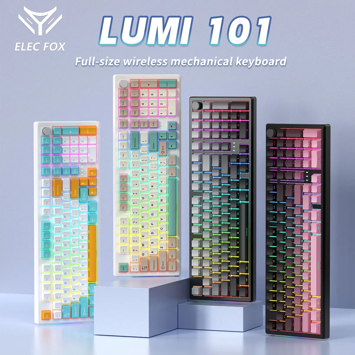 ELECFOX LUMI101 Mechanical Keyboard, Hot-Swappable PBT Keys, RGB Lighting, Triple Mode (Bluetooth/2.4GHz/USB), Volume Knob, Gaming & Office Custom Keyboard, PC Accessory