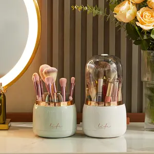 UFORU Rotating Makeup Brush Organizer with Lid, Dustproof Clear Acrylic Makeup Brush Holder for Vanity, Bathroom, and Desktop Countertop