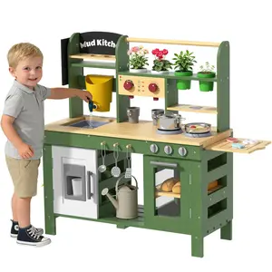 BIERUM Large Outdoor Mud Kitchen for Kids Ages 3+, Wooden Play Kitchen with Sink, Faucet & Accessories, Pretend Playhouse for Toddlers with Storage - Outdoor Kitchen Playset
