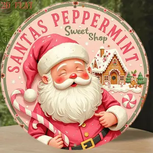 Santa in Peppermint Sweet Shop Round Metal Wall Decor for Christmas Holiday Decoration Featuring Candy Canes and Gingerbread Houses in Pastel Pink and Red Colors Lightweight Hanging Sign for Home Door and Farmhouse