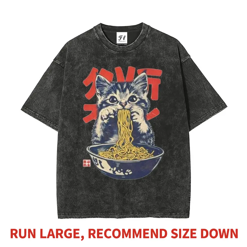 Men's Stylish Oversized Acid Wash Anime Style Tshirt - Premium Heavyweight Soft Cotton, Short-Sleeve, Japanese Kawaii Cat Eating Ramen Graphic, Unisex, Casual Comfortable Fit, Streetwear DTG Tee