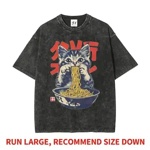 Men's Oversized Acid Wash T-Shirt - Premium Heavyweight Cotton, Short-Sleeve, Japanese Kawaii Cat Eating Ramen Graphic, Unisex, Casual, Comfortable Fit, Streetwear, Anime DTG Tee