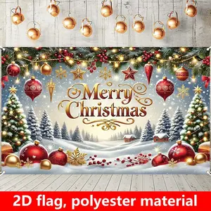 1pc Extra Large 2D Flat Christmas Party Decoration Flag - Durable Polyester, Golden Merry Christmas Lettering, Snowflakes, Pine Trees, Red Baubles - Indoor/Outdoor Holiday Banner for Home, Office