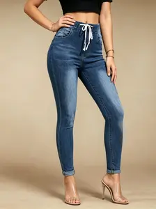 Drawstring Elastic Waist Gradient Medium Blue Cuff Ankle Skinny Denim Jogger Jeggings