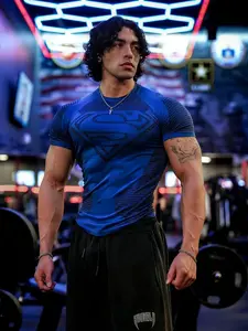 Dc Superman Fitness Short Sleeve Men's Multicolor Quick-Dry Training Top, Superhero Muscle-Defining Tight Fit, Sporty Print Design