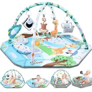 Baby Gym Play Mat - 8-in-1 Tummy Time & Ball Pit with 6 Toys, Washable Activity Mat for Visual, Sensory & Motor Development, Perfect Xmas Gift for 0-12 Months